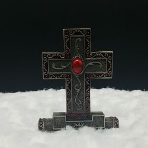 Ornate Pewter 2003 "July" Birthday Ruby Red Gemstone Standing Cross Statue